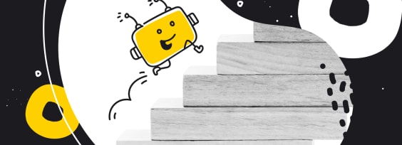 the chatbot climbing the stairs on a while and black background