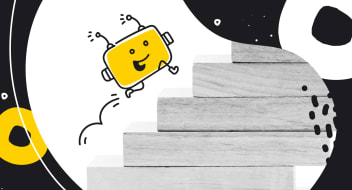 the chatbot climbing the stairs on a while and black background