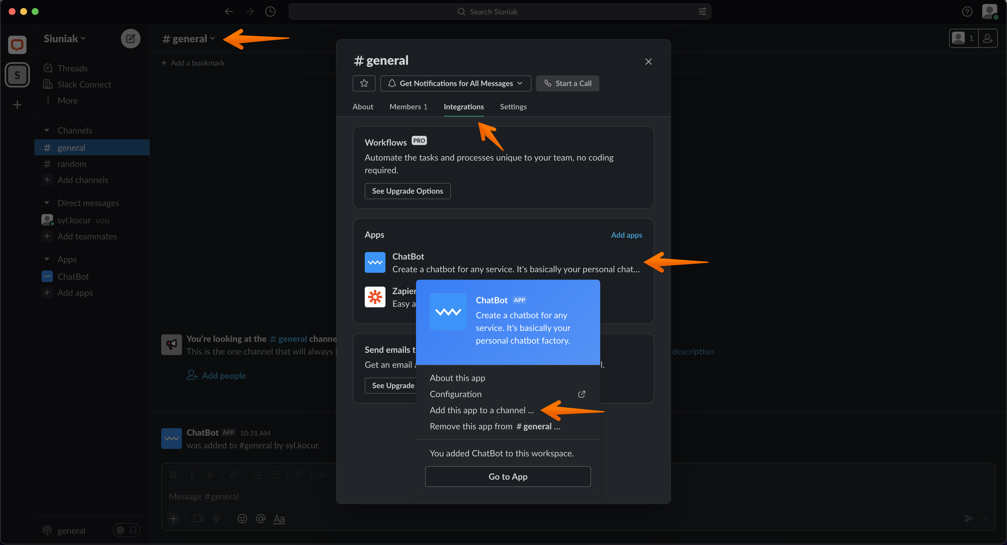 chatbot add app slack channel
