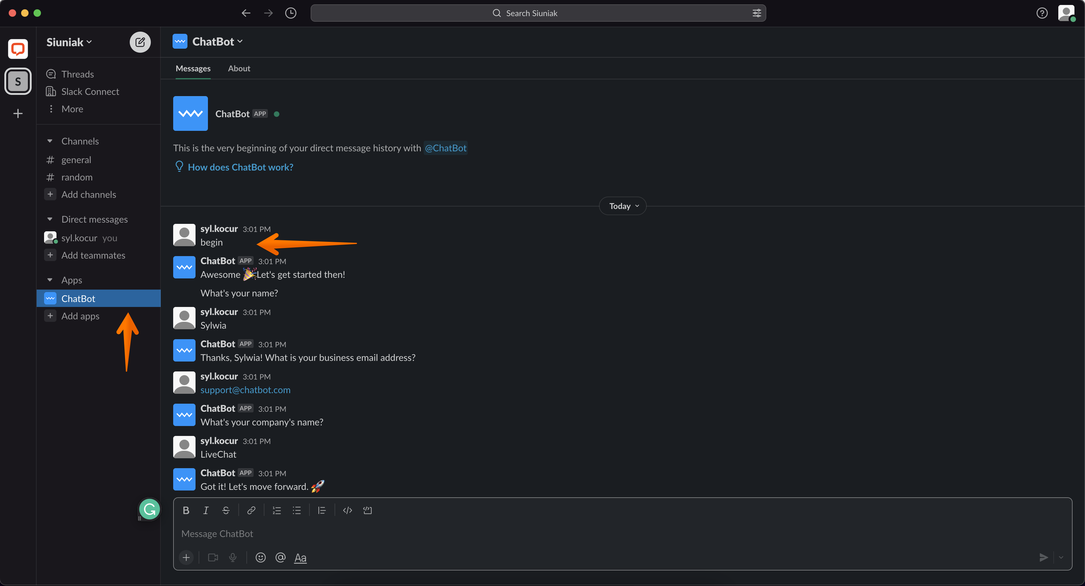 chatbot slack direct message channel chat