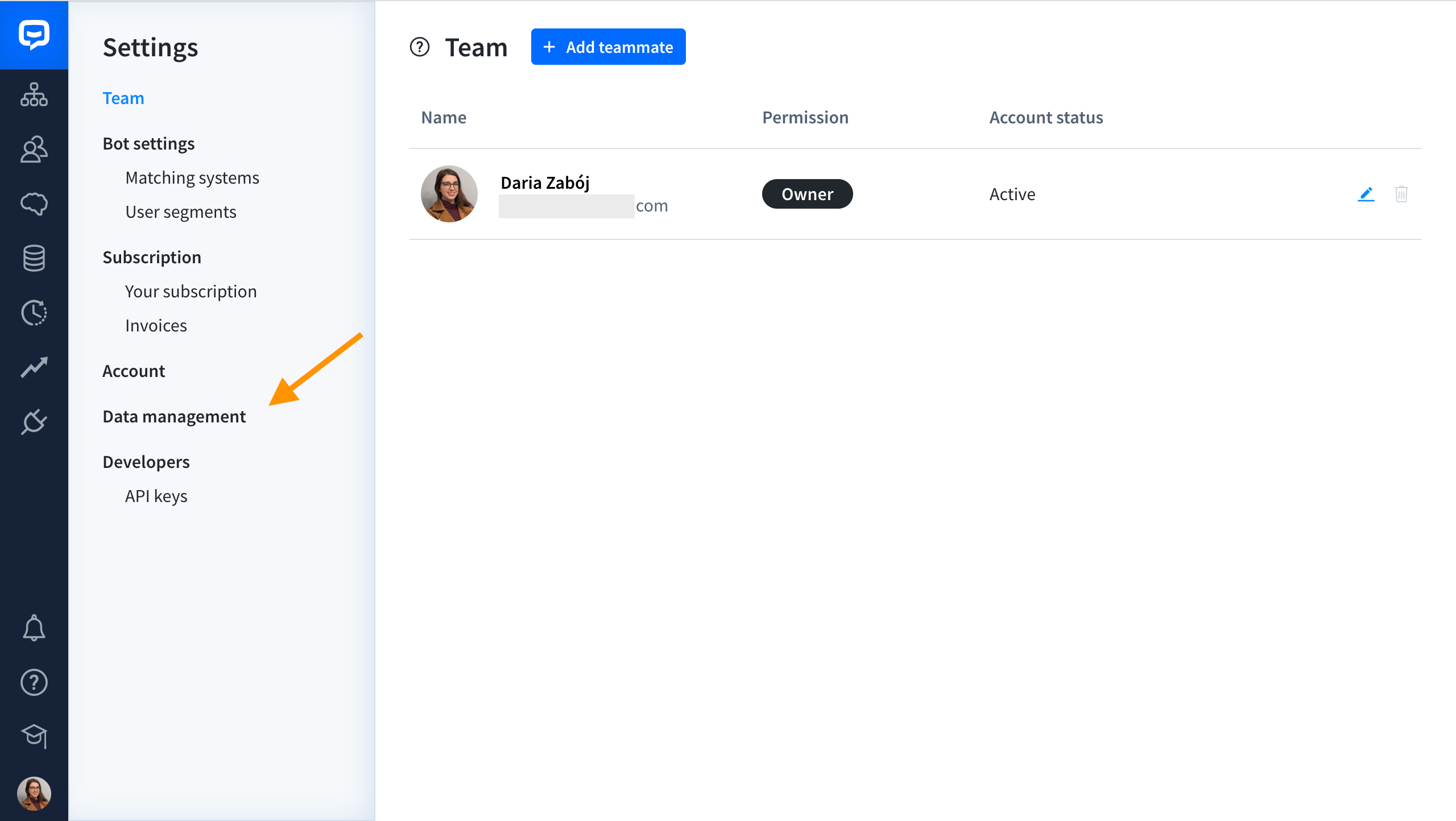 chatbot data management section