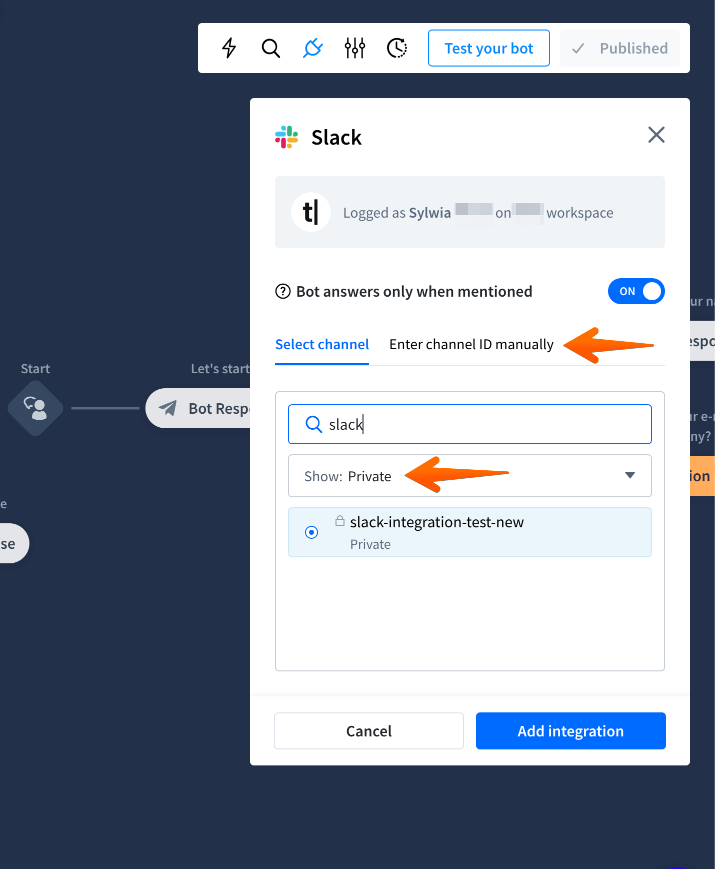 chatbot add to slack button