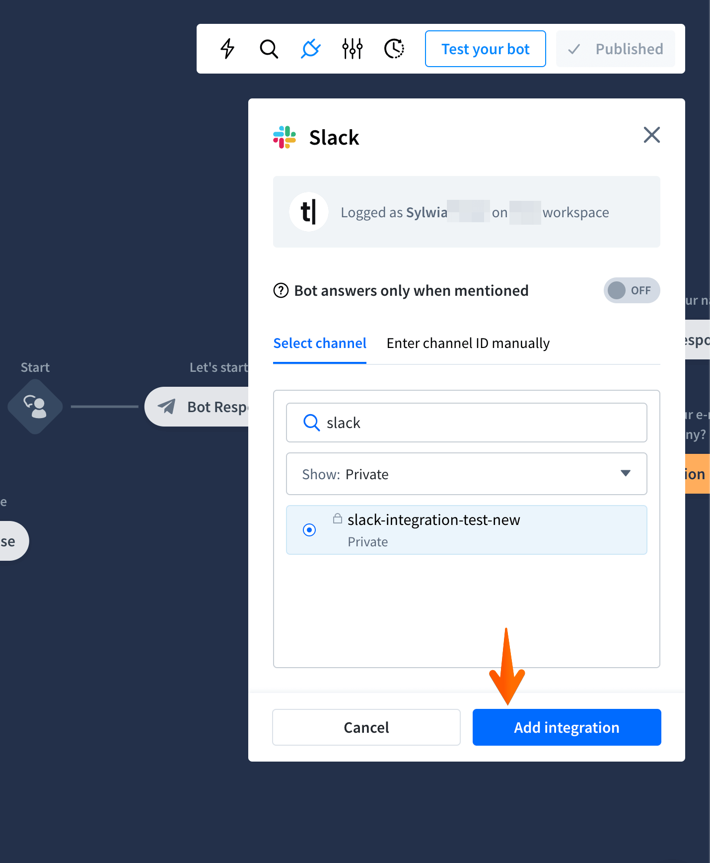 chatbot slack connected channel