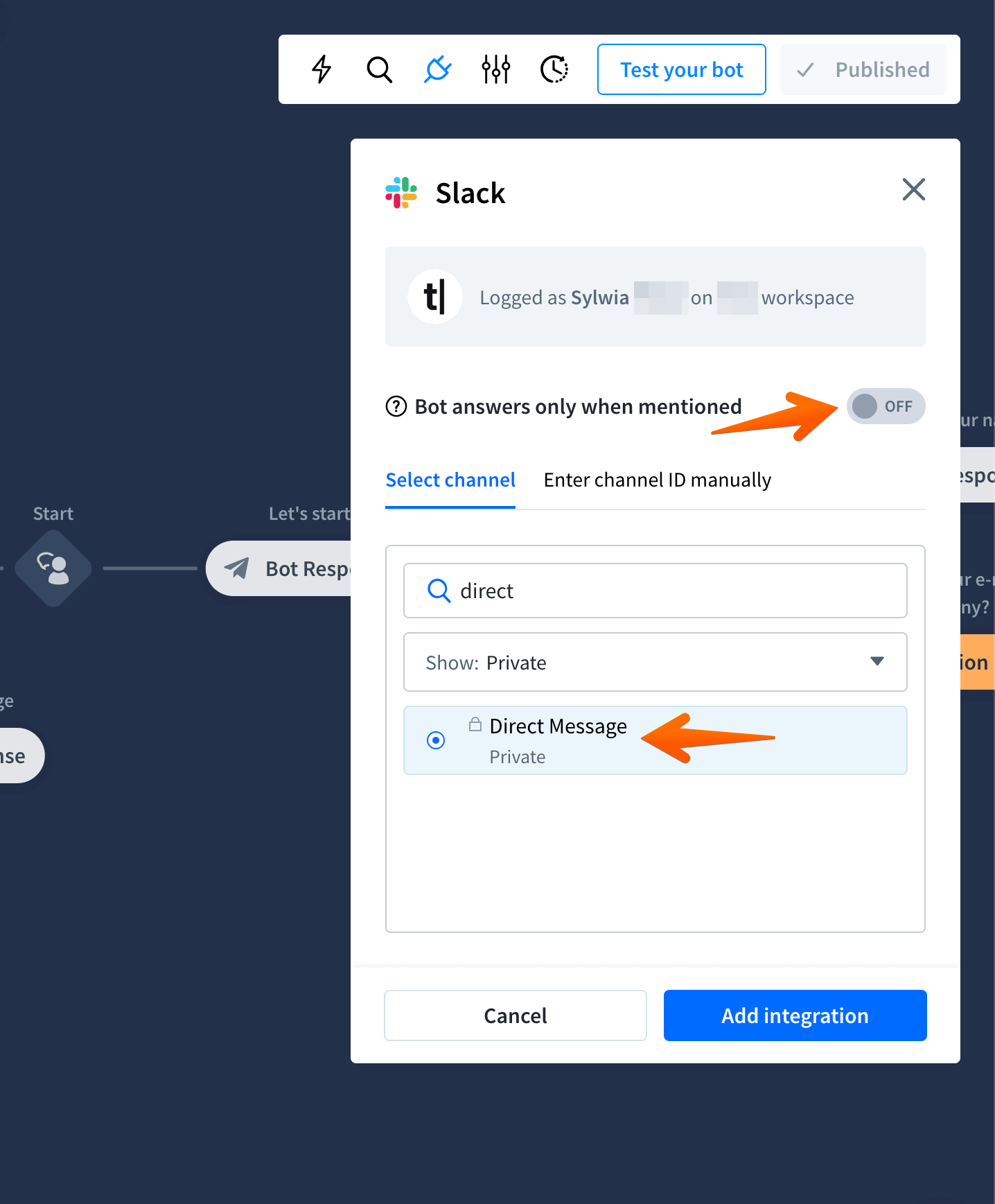 chatbot slack direct message channel