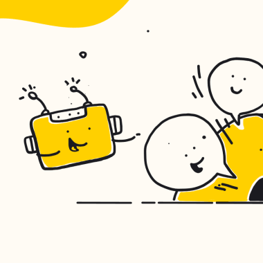 the sketch of chatbots and a man on a yellow background