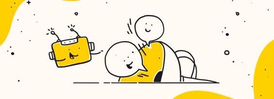 the sketch of chatbots and a man on a yellow background