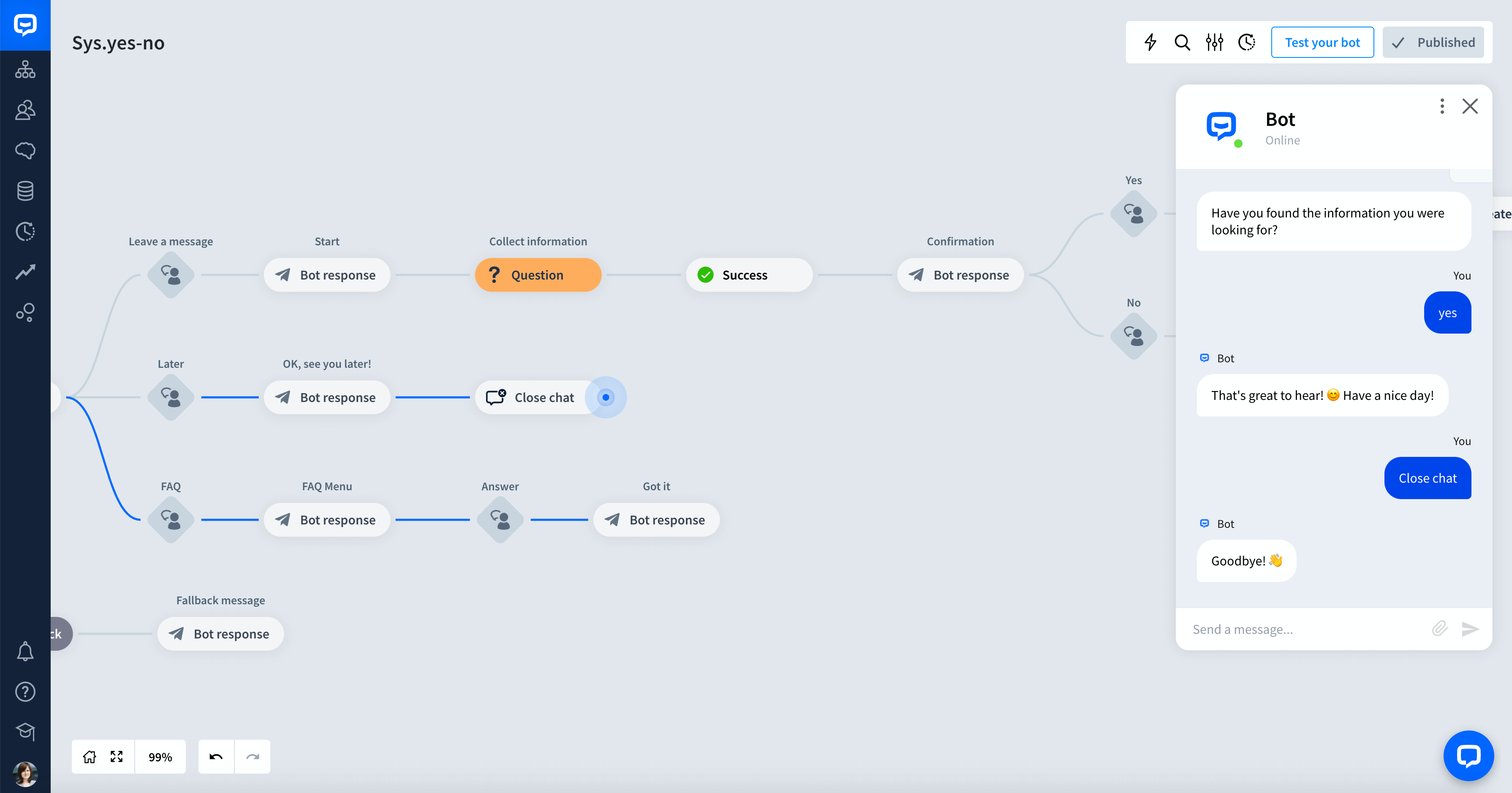 chatbot Yes - No entity