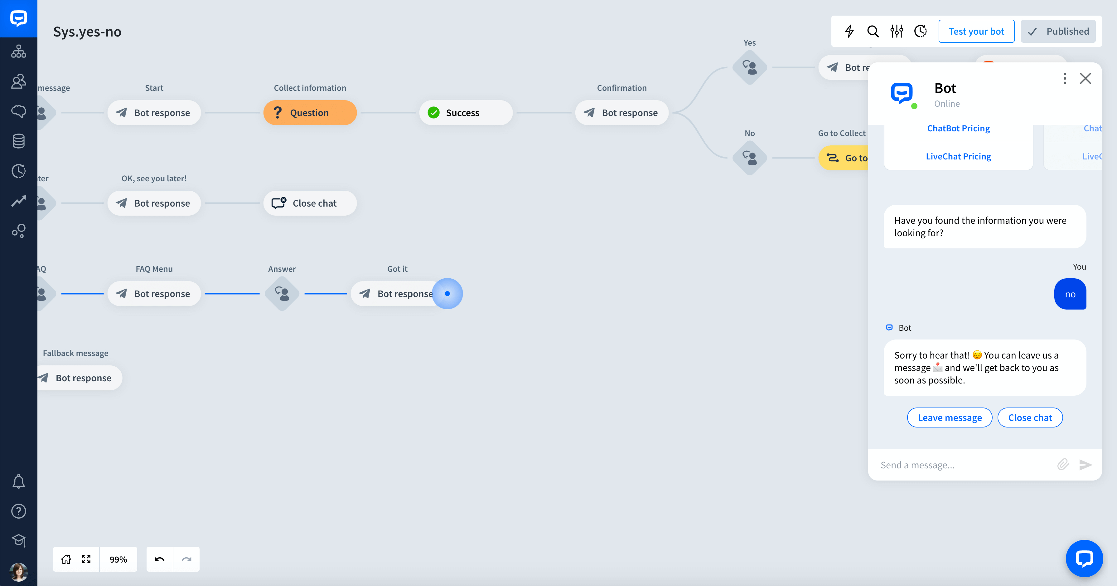 chatbot Yes - No entity