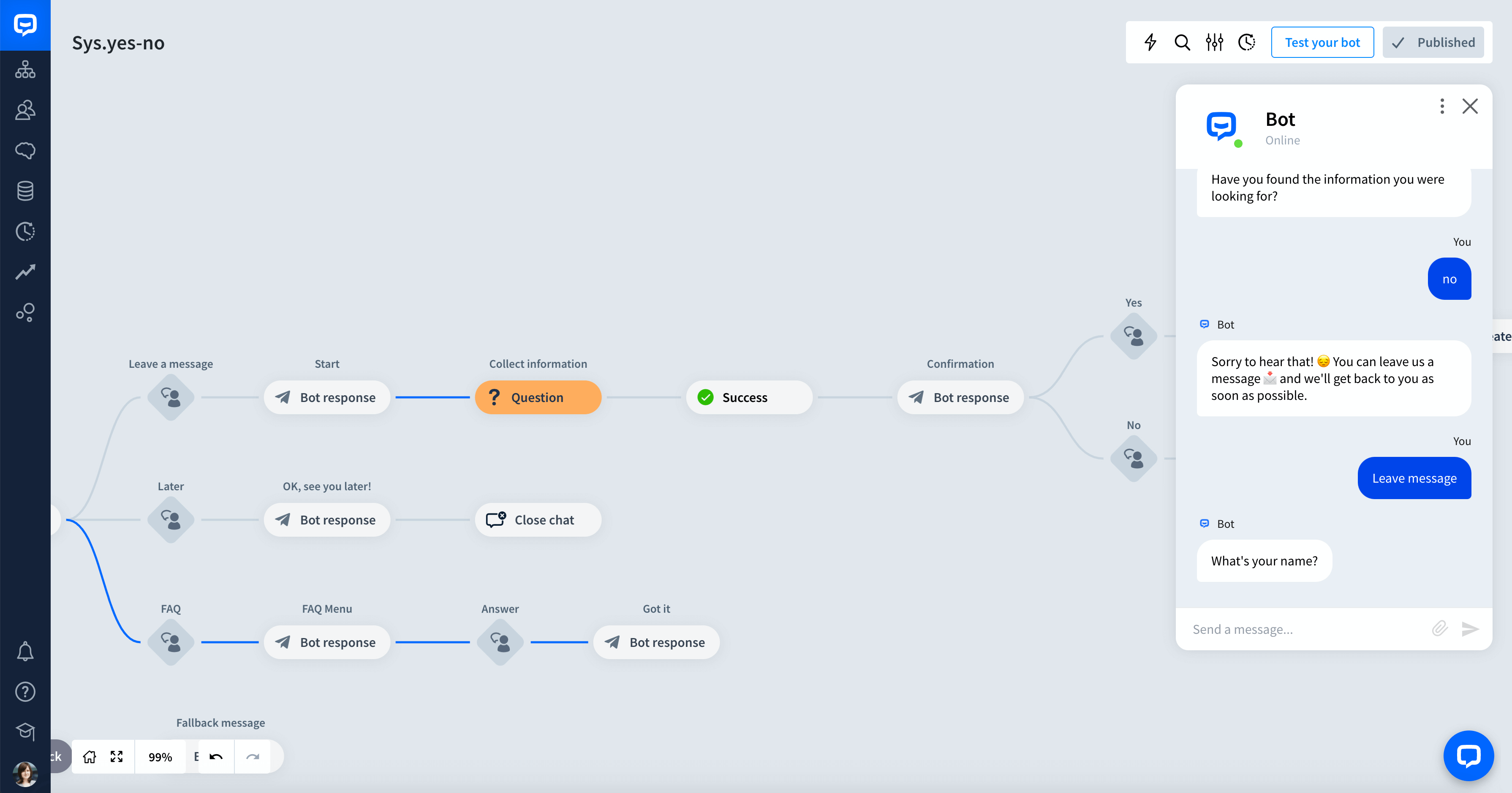 chatbot Yes - No entity